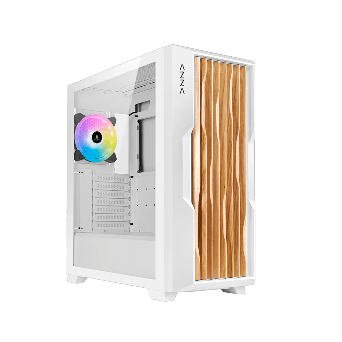CASE AZZA GAMING GUARDIAN WOOD ATX MID TOWER 2xUSB TIPO C HD AUDIO FAN ARGB FRONTAL MALLA-LATERAL VIDRIO BLANCO